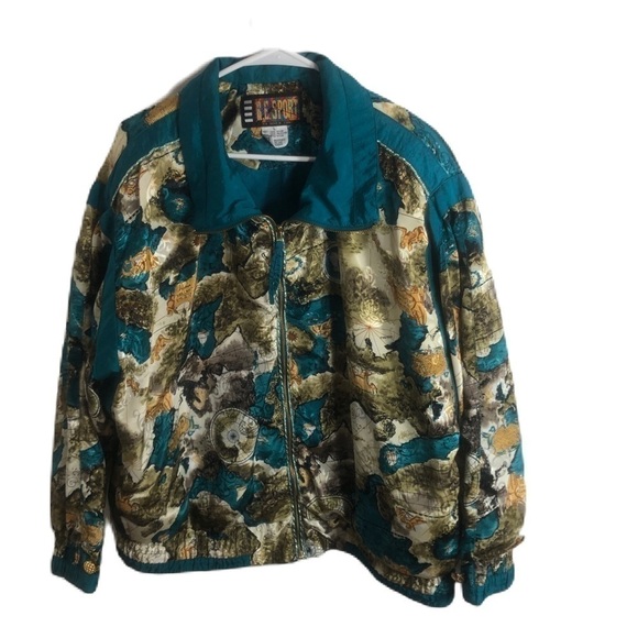 Vintage River Edge Windbreaker Sports Coat Sz Large Blue Maps Cherubs Gold 80s - Picture 1 of 10
